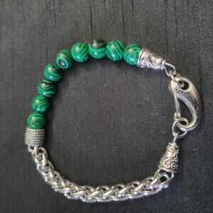 Green malachite and stainless steel wheat chain  asymmetrical beaded bracelet